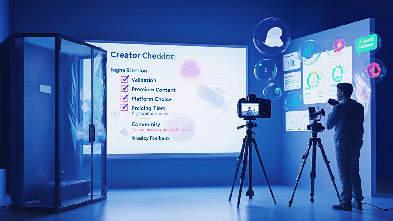 3D scene of a video production studio showing a checklist, camera, microphone, and marketing dashboard.