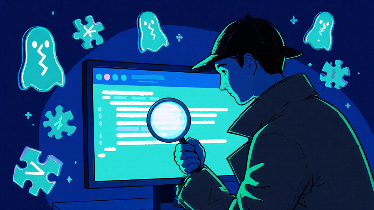 A detective figure examines glowing code on a screen with floating syntax icons.