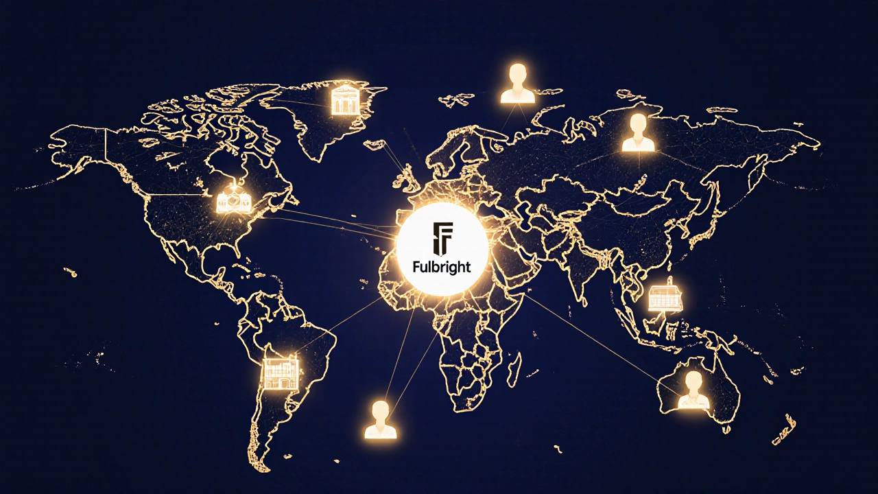 A glowing global network of golden threads connecting people and institutions, centered on the Fulbright logo.