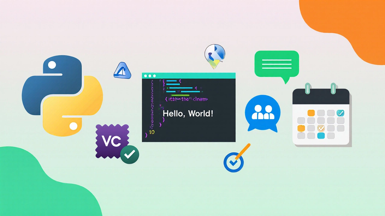 A series of icons showing Python, VSCode, Hello World, small programs, chat and calendar checks.