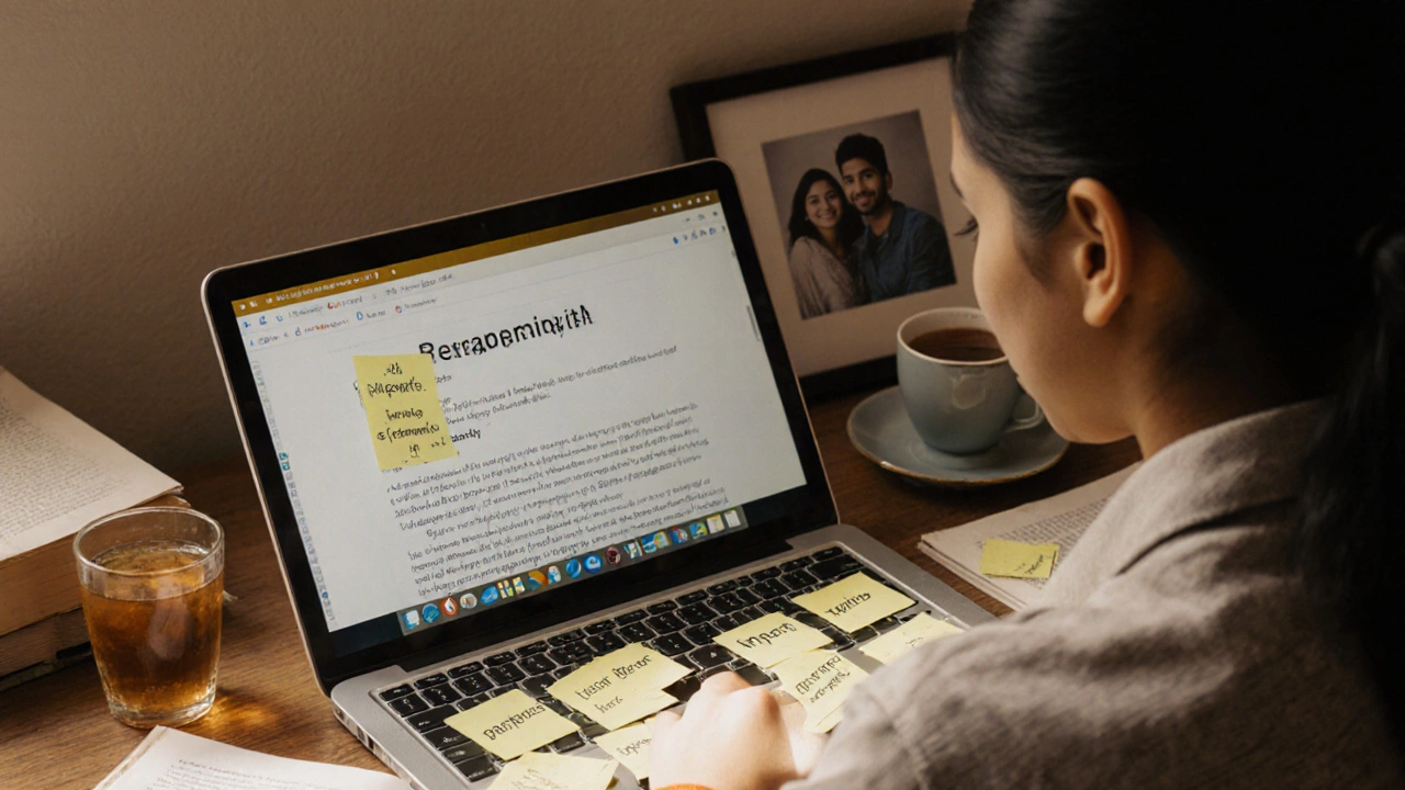 An Indian student writing a scholarship application in morning light, surrounded by books and family photos.