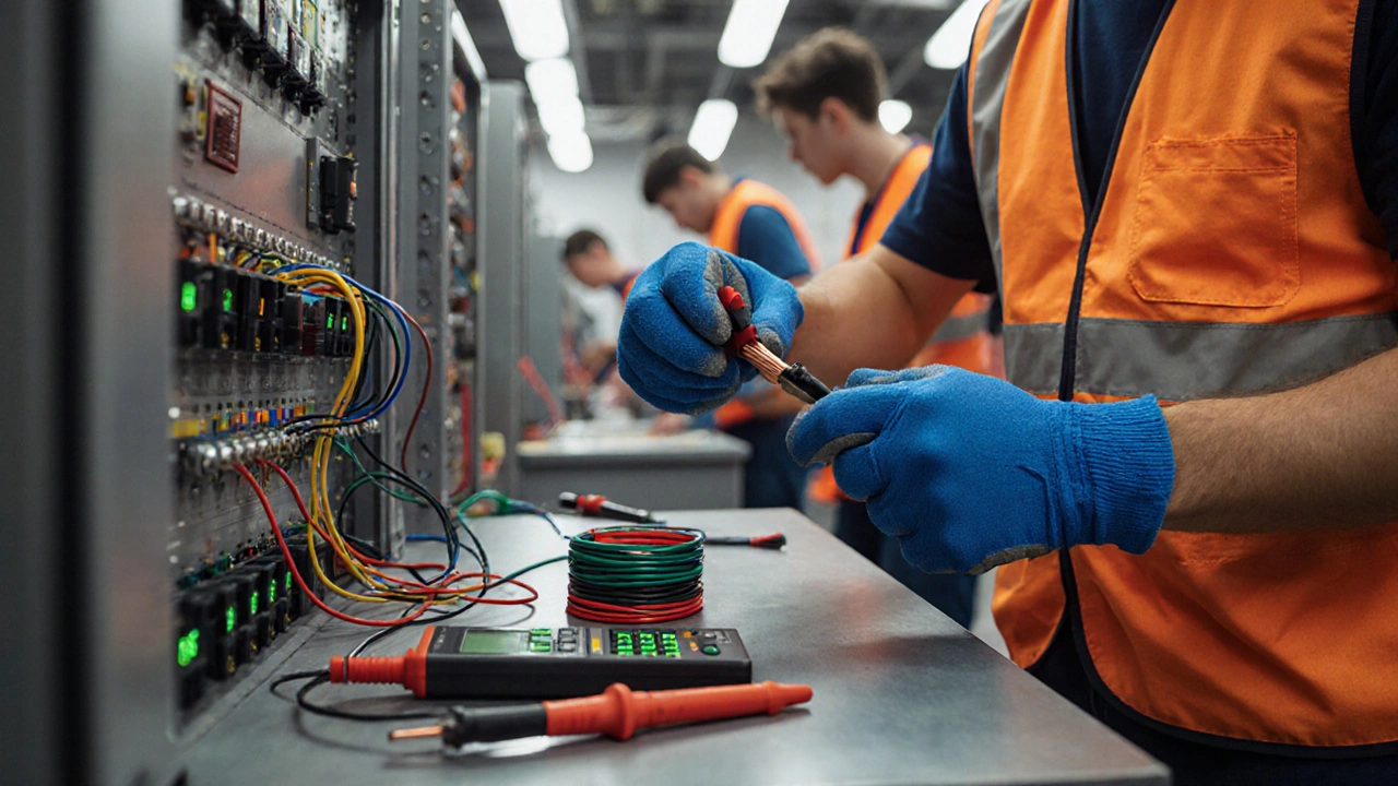 Close‑up of an apprentice wiring a control panel in a bright workshop.