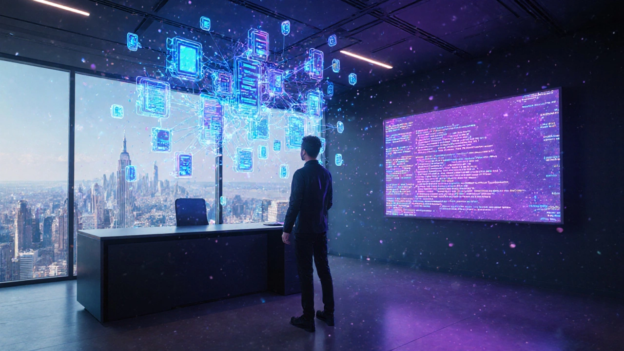 Futuristic office with holographic system design and a screen displaying stylized code.
