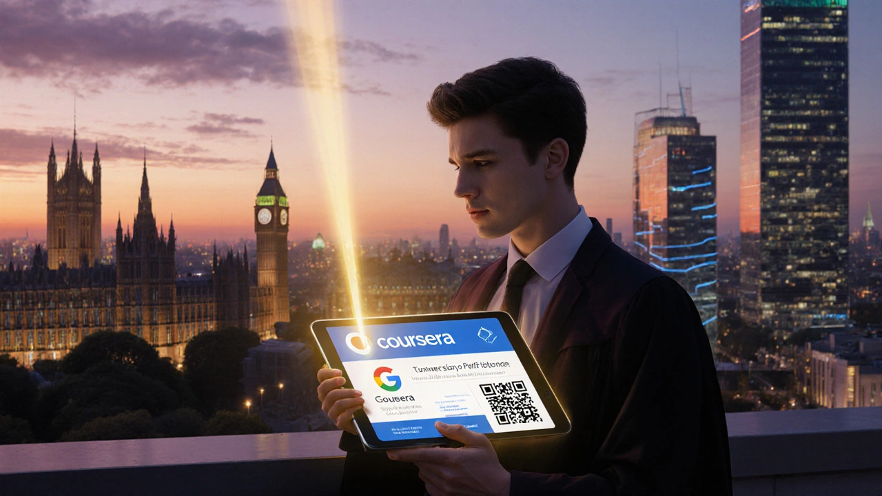 Graduate on balcony holding tablet with holographic Coursera badge, QR code, and university and company logos.