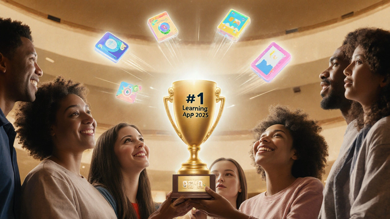 Group of learners celebrating a trophy with floating icons of top learning apps.