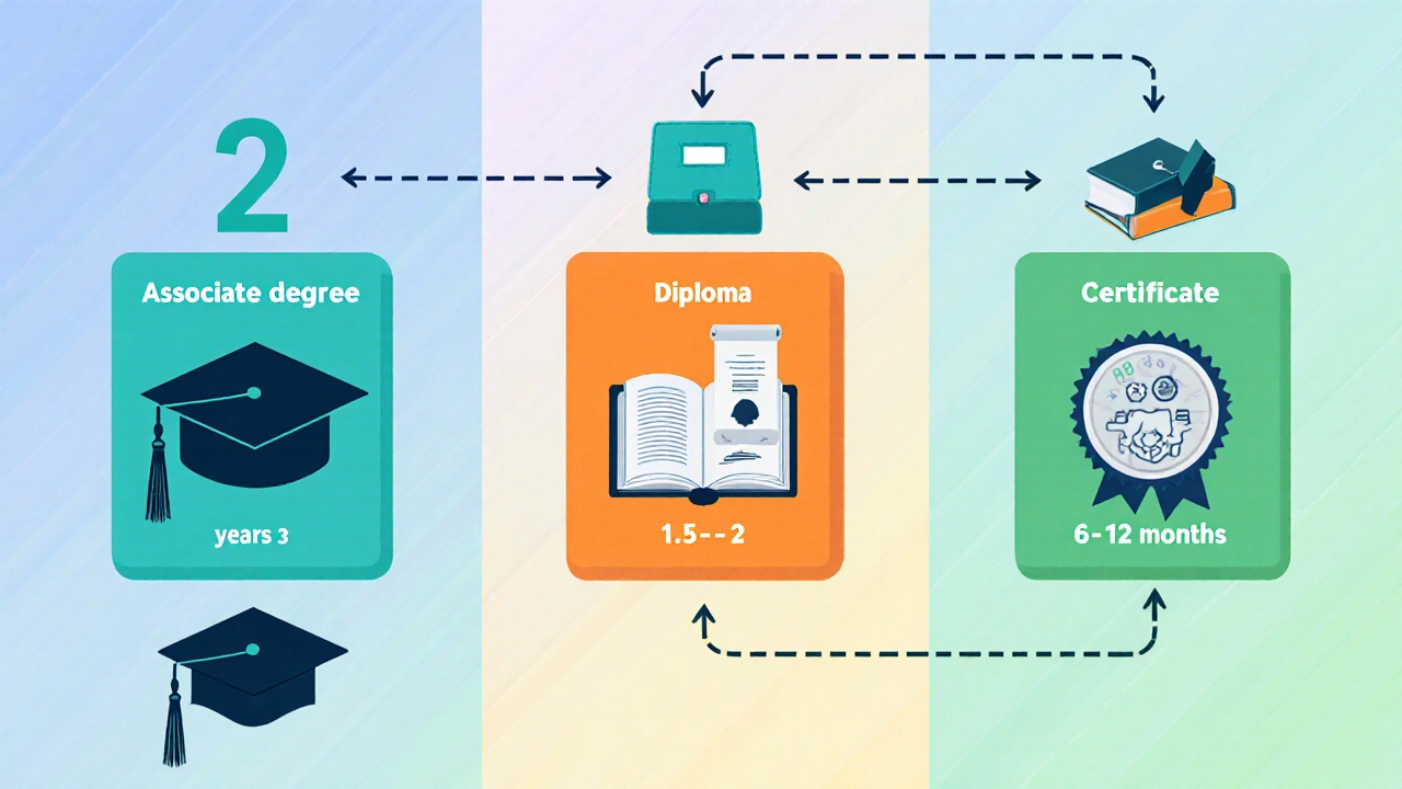 Illustrated icons of associate degree, diploma, and certificate with timelines.