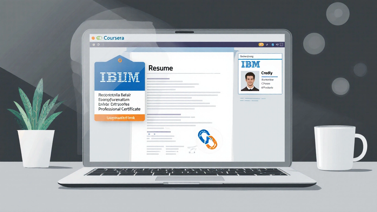 Illustration of a résumé with a Coursera badge and Credly verification link on a laptop screen.