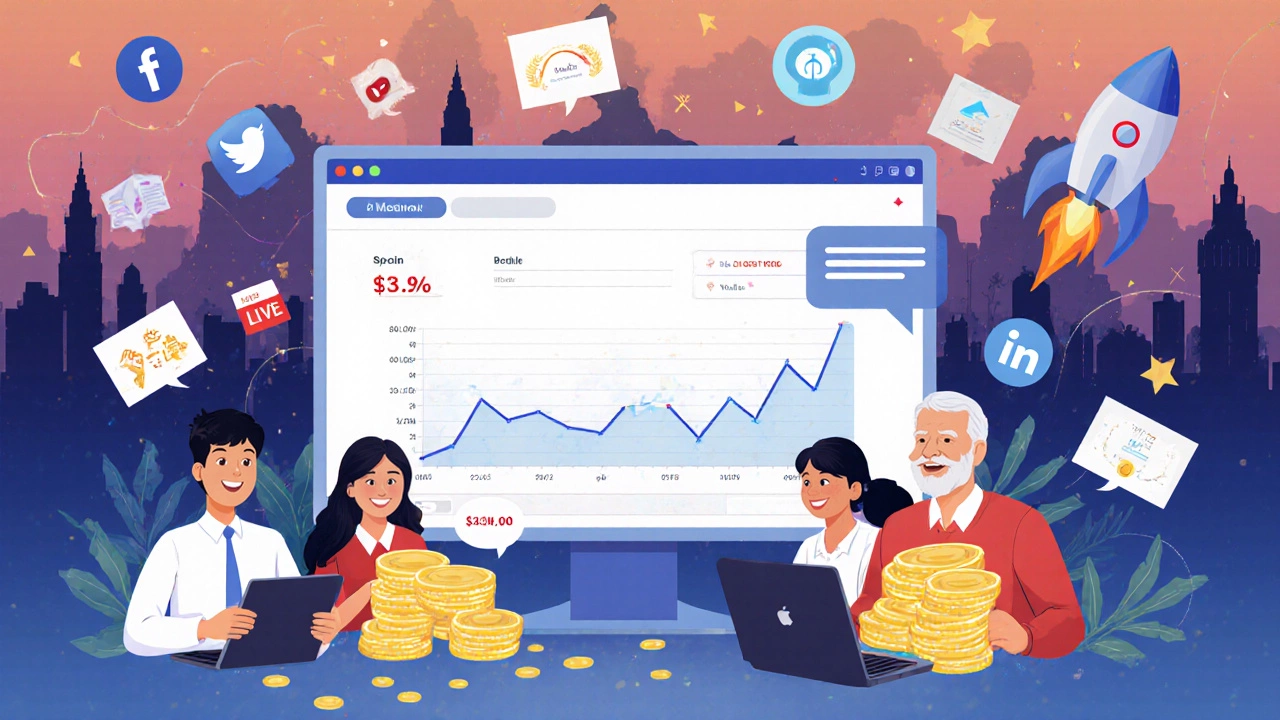 Launch dashboard with rising metrics and happy learners receiving glowing digital certificates.