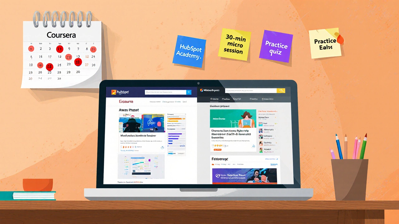 Learner at desk with split-screen course sites, calendar, and study sticky notes.