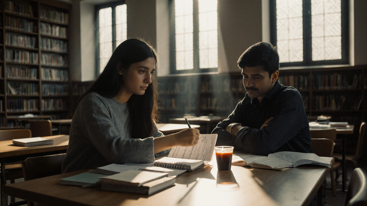 Library study table where one Indian student offers notes while the other looks away, showing tension.
