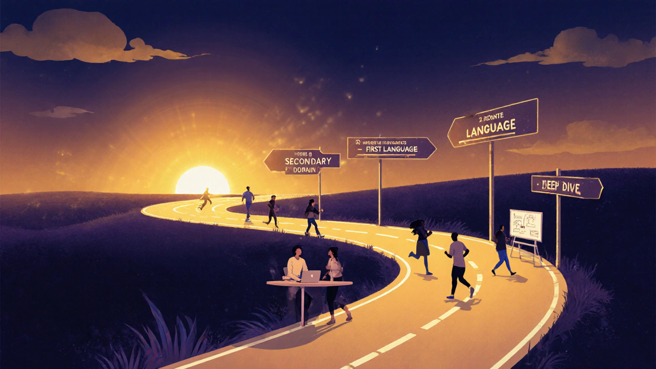 Matte painting of a sunrise road with milestones representing a coding growth roadmap.