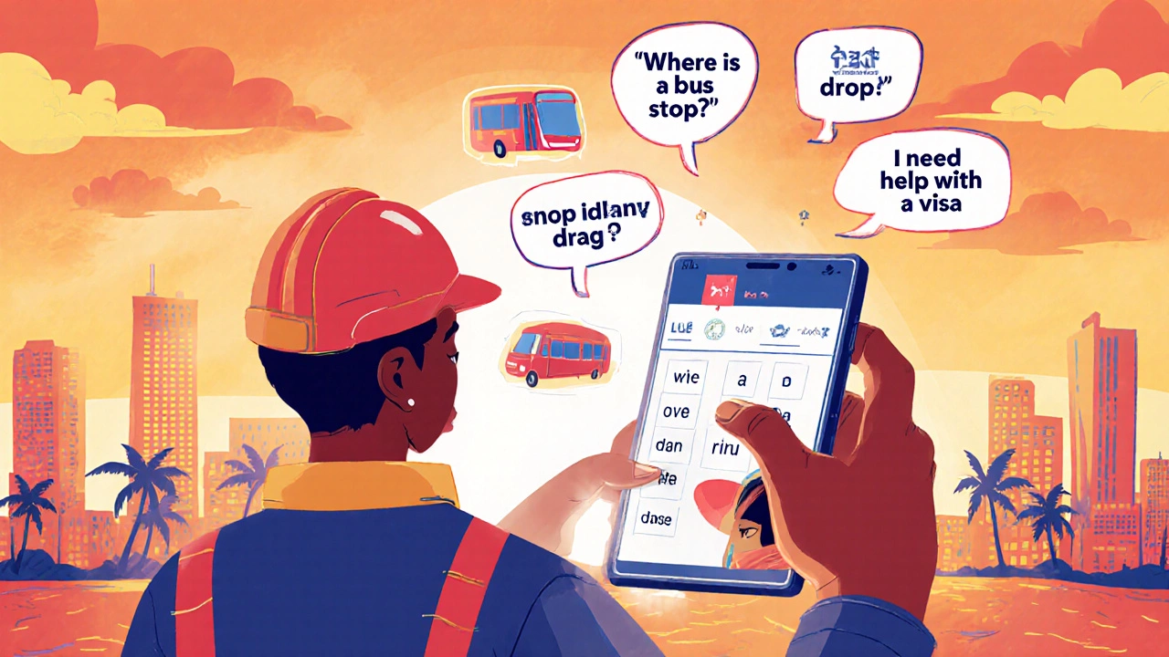 Migrant worker practicing English phrases on a smartphone with interactive lessons.