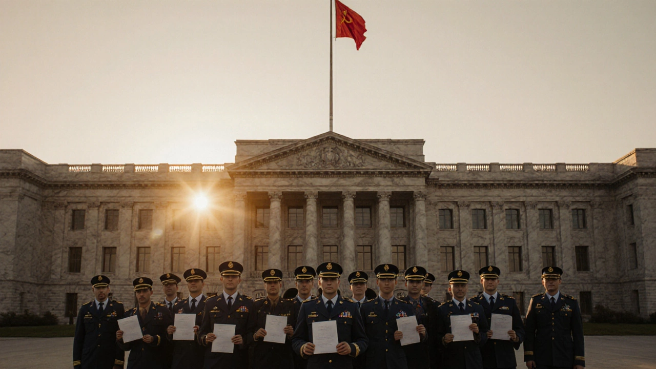 New recruits in uniforms standing before a training academy at sunrise.