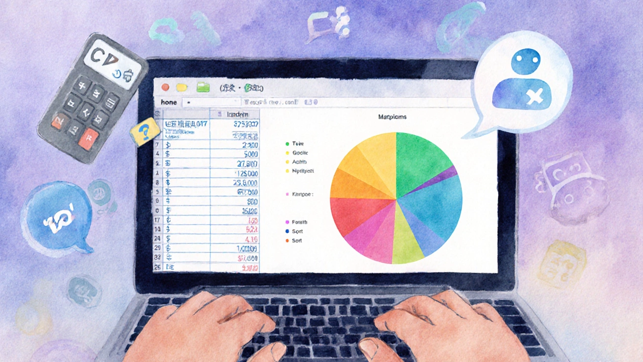 Person showcasing expense tracker with CSV table and pastel pie chart, surrounded by supportive icons.