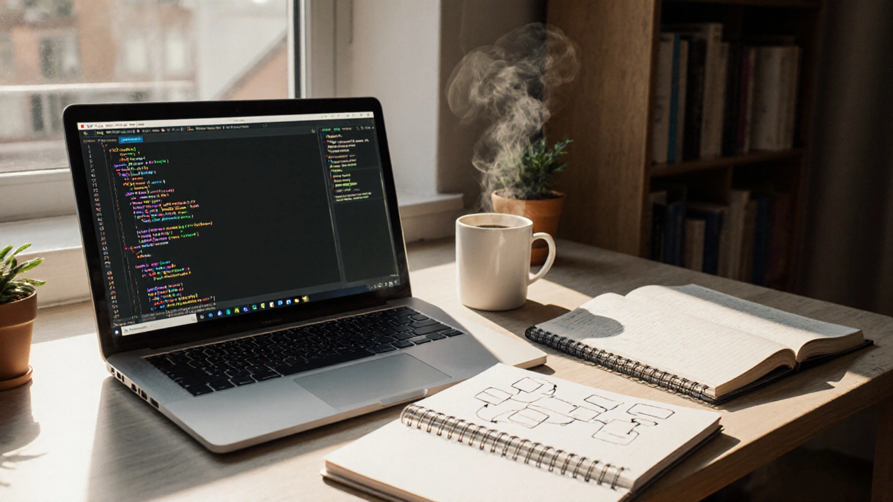 Photorealistic desk scene with laptop showing Python code and a sketch of a flowchart.