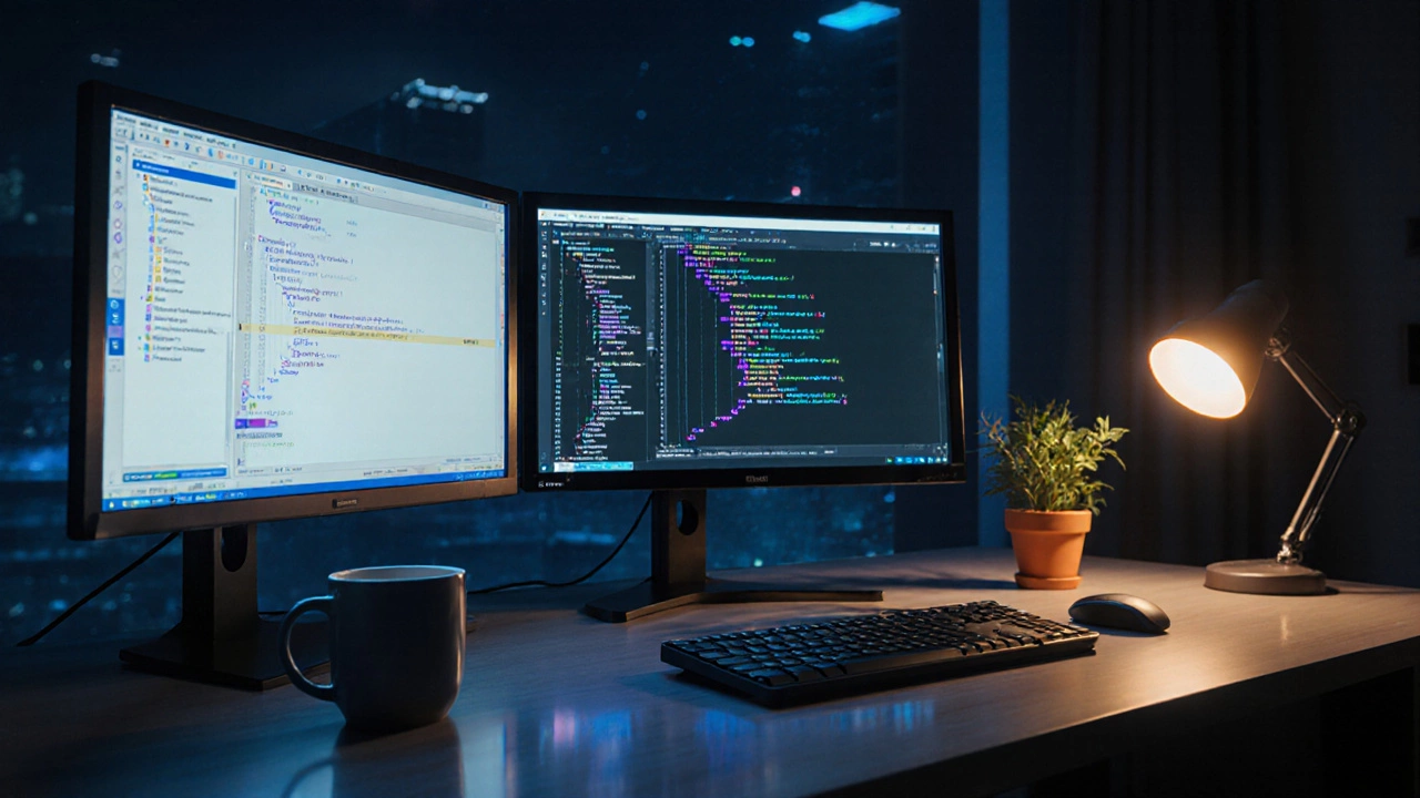 Photorealistic workstation showing IDE, debugger, and Git panels lit at night.