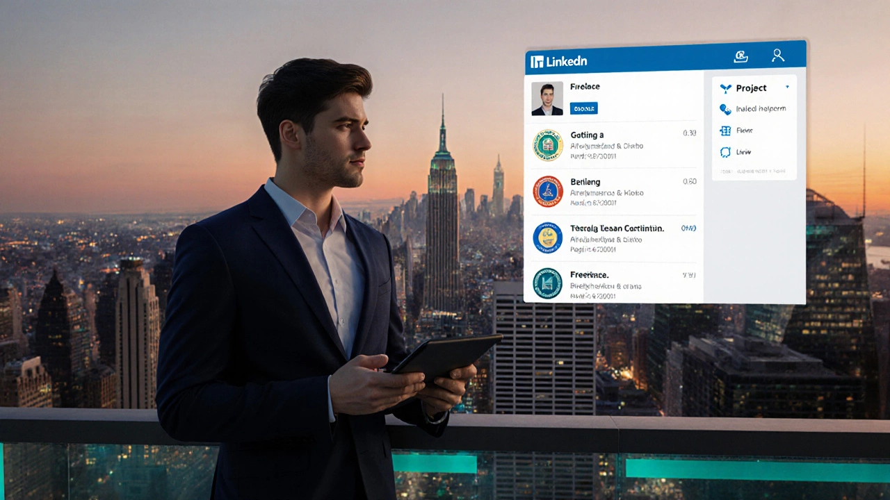 Professional on balcony with LinkedIn badge overlay and tablet project view.