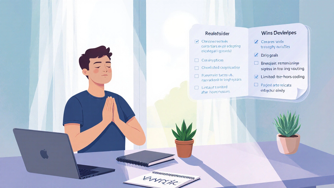 Relaxed developer taking a mindful break with sunlight and a floating productivity checklist.