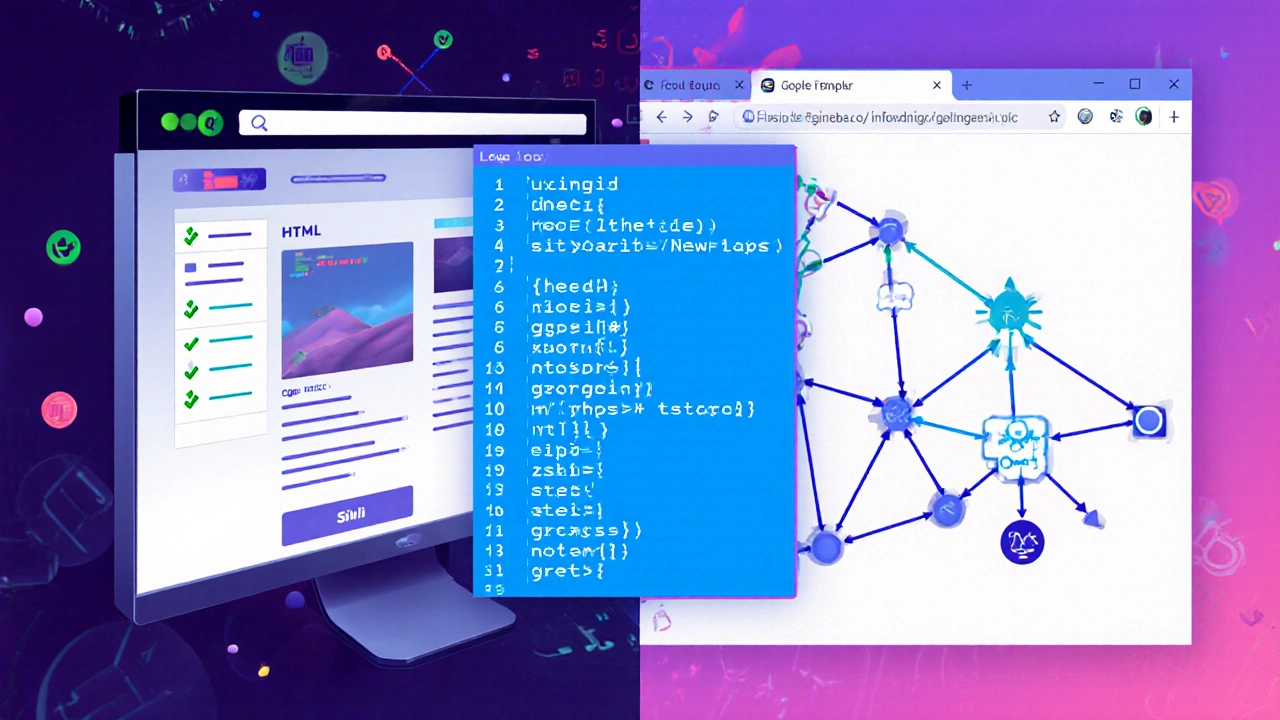Split‑screen illustration of web page design, 2D game node graph, and simple Python code.