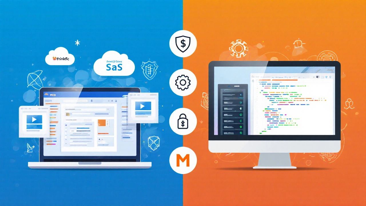 Split-screen showing SaaS LMS UI on the left and self‑hosted LMS code on the right with comparison icons.