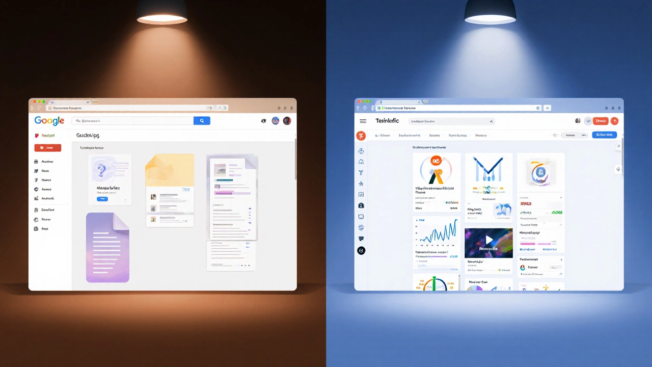 Split view comparing simple Google workspace to a sleek e‑learning platform.
