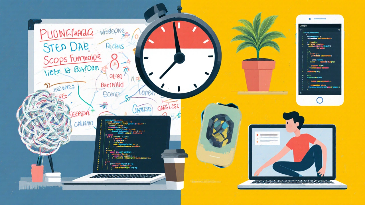 Split view showing stressful coding pressures on one side and calming tools on the other.