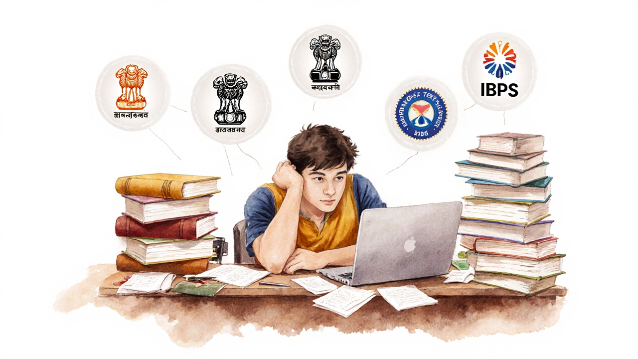 Student studying with books and floating icons of major Indian recruitment bodies.