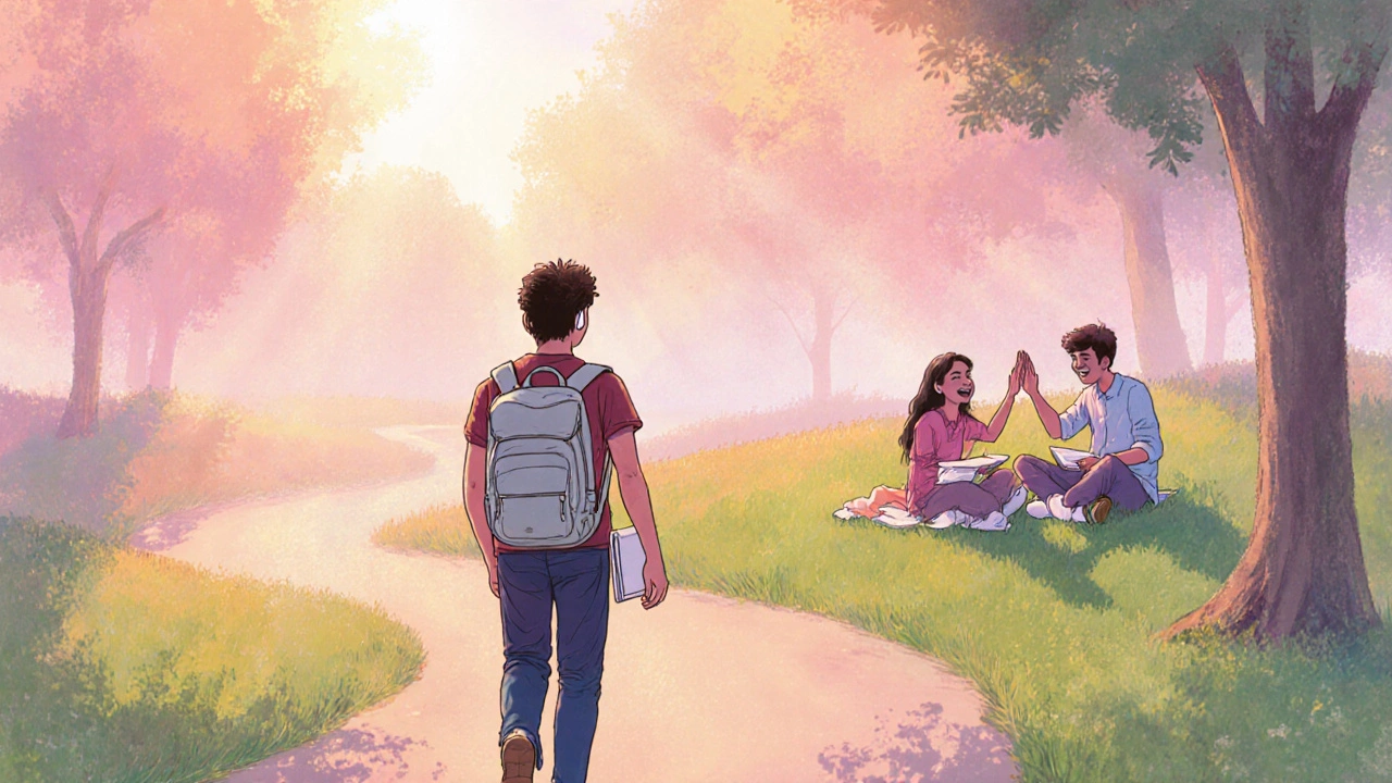Sunrise park illustration of an Indian student walking peacefully, with peers studying together nearby.