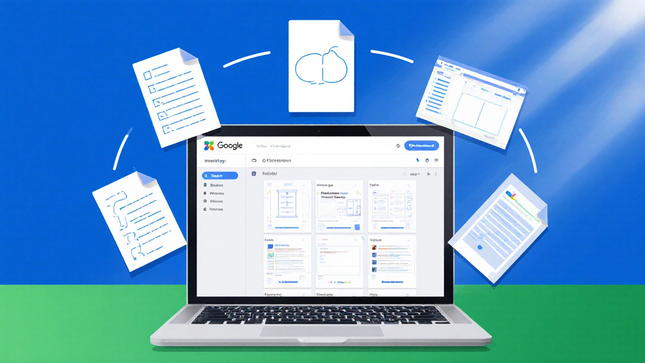 Teacher's workflow with floating Google app icons around a Classroom screen.