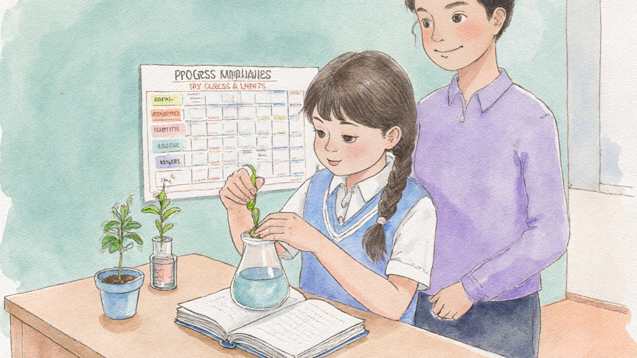 Teen conducting a home science experiment while referencing a CBSE book.