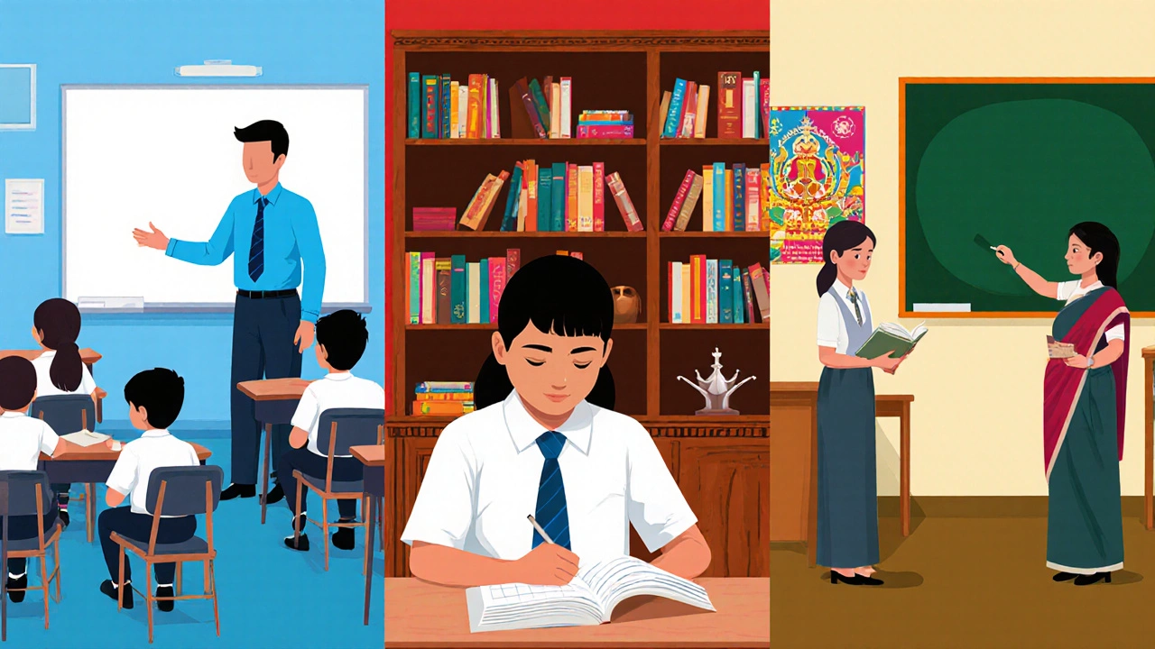 Three side‑by‑side scenes showing CBSE, ICSE, and State board classrooms.