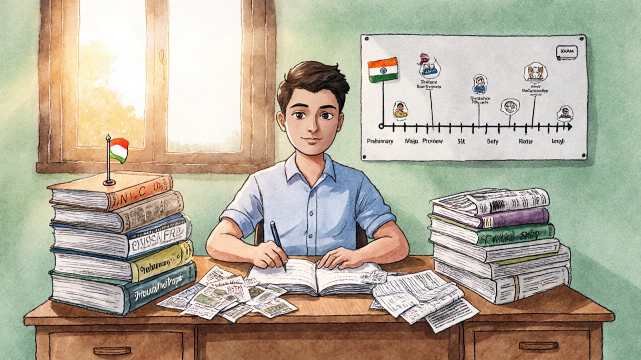 UPSC aspirant studying surrounded by books, timeline of exam stages, and sunrise light.