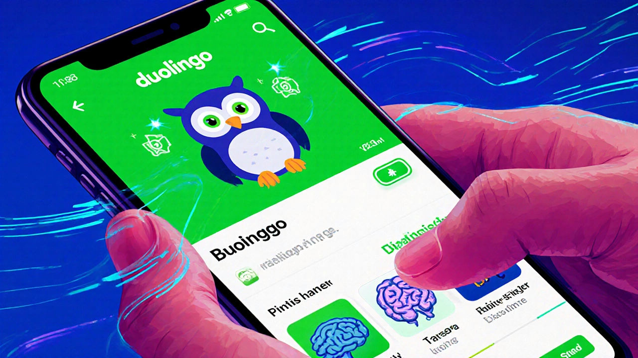 User interacting with Duolingo on phone, showing streaks and AI symbols in UI.