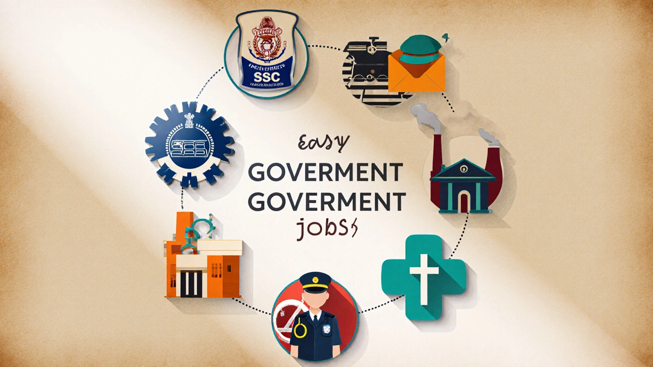 Vector icons of eight government jobs arranged in a circular collage.