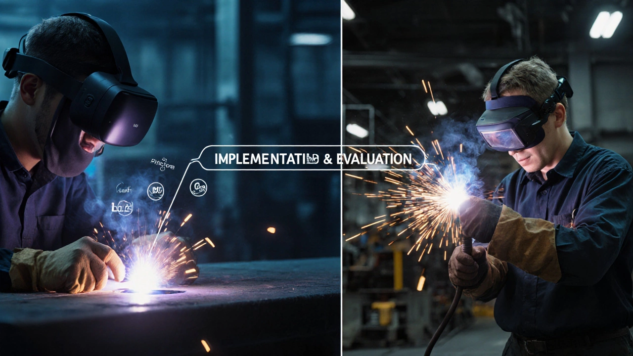 VR welding simulation transitioning into real-world welding with performance feedback.