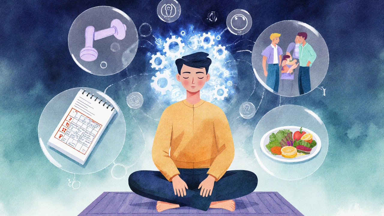 Watercolor of a calm scholar with floating icons representing study, health, and resilience.