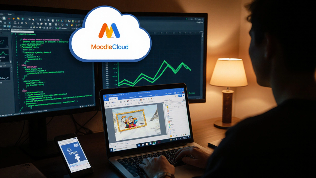 Workspace showing creation of a SCORM eLearning module and uploading to MoodleCloud.
