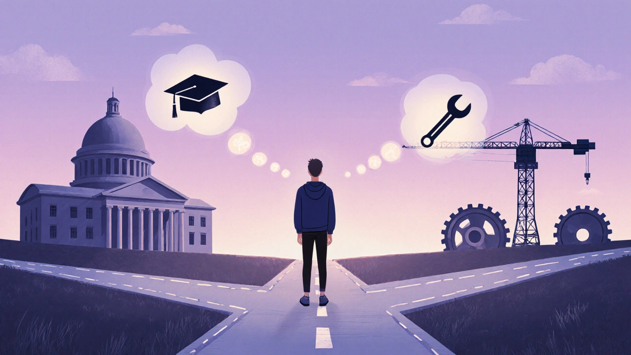 Young adult at a forked road choosing between a university and a workshop.