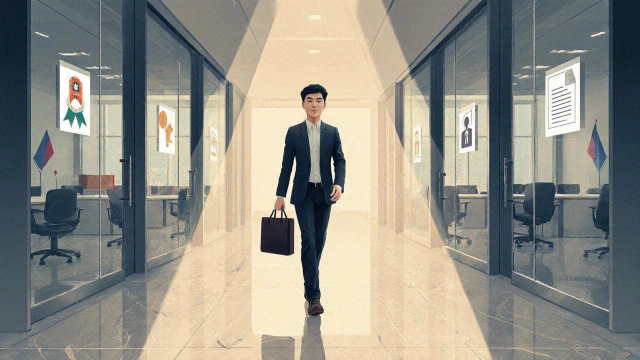 Young professional walking down a bright office corridor with symbolic doors.